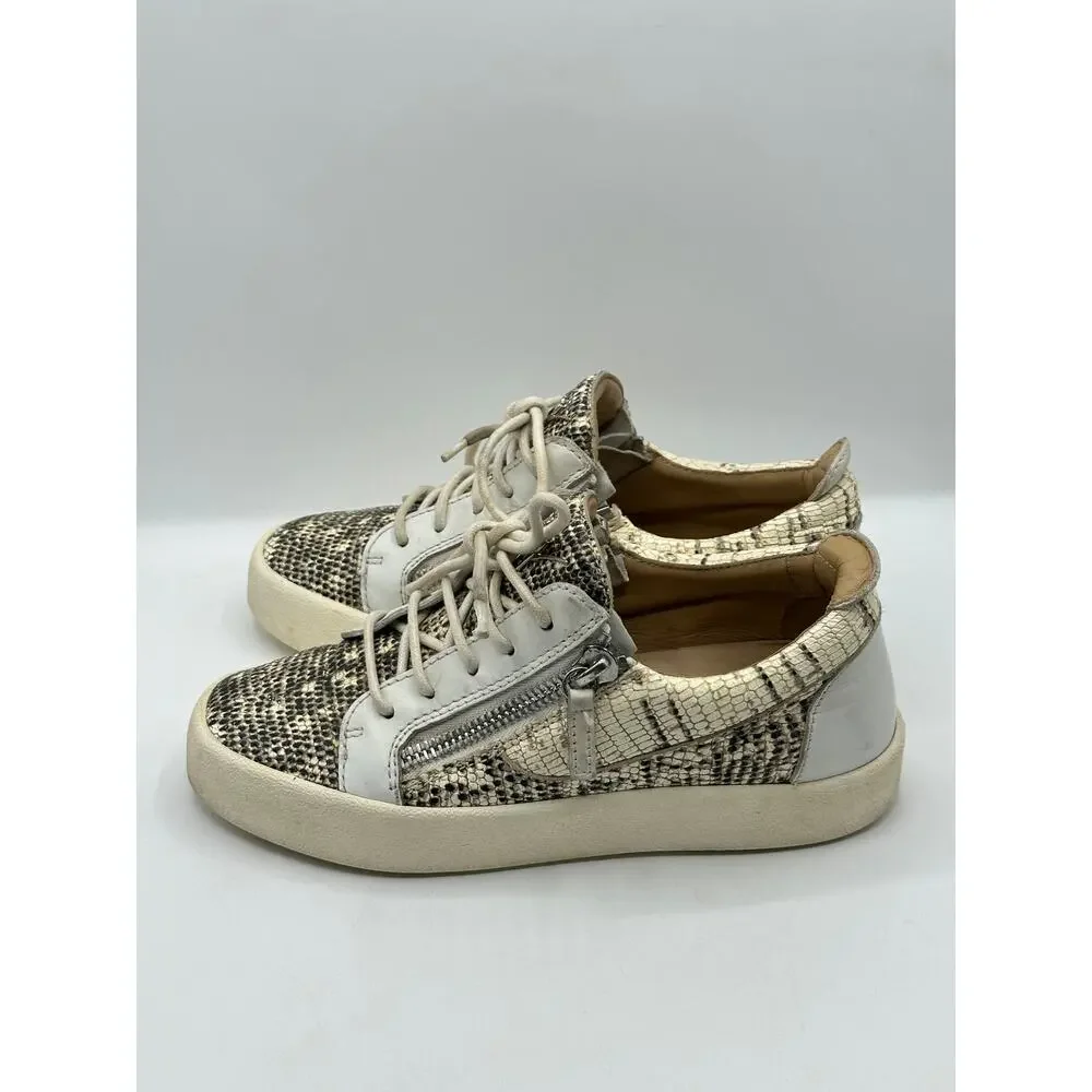 GIUSEPPE ZANOTTI Frankie Sneakers Lizard Emboss Leather White Beige Sz 38/US 7.5